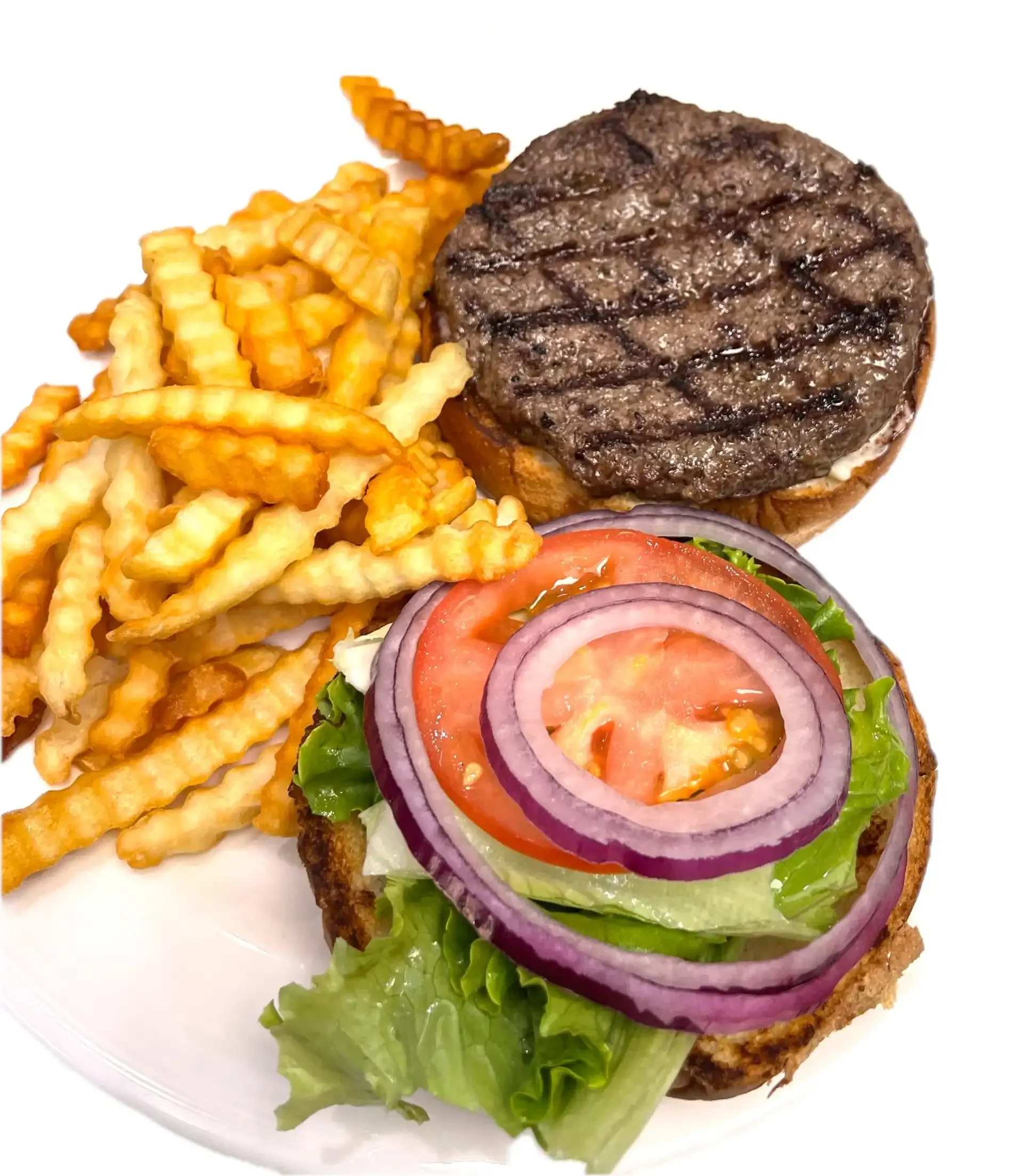 D's Classic Burger - 1/3 lb. freshly ground beef on a toasted bun with lettuce, tomato, pickle, onion and mayo.